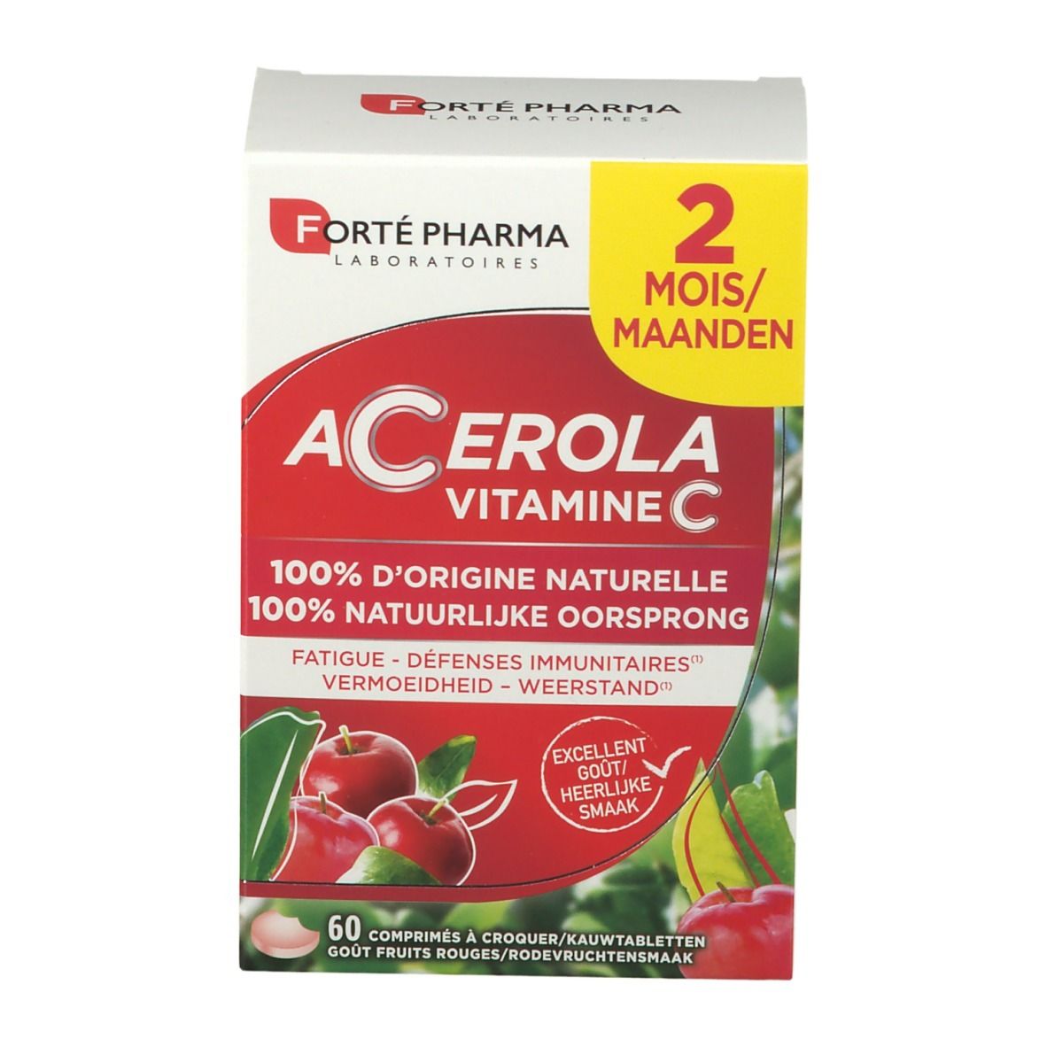 Verpakking Forté Pharma Acérola Vitamine C. Rode en witte doos met productnaam en 60 tabletten.