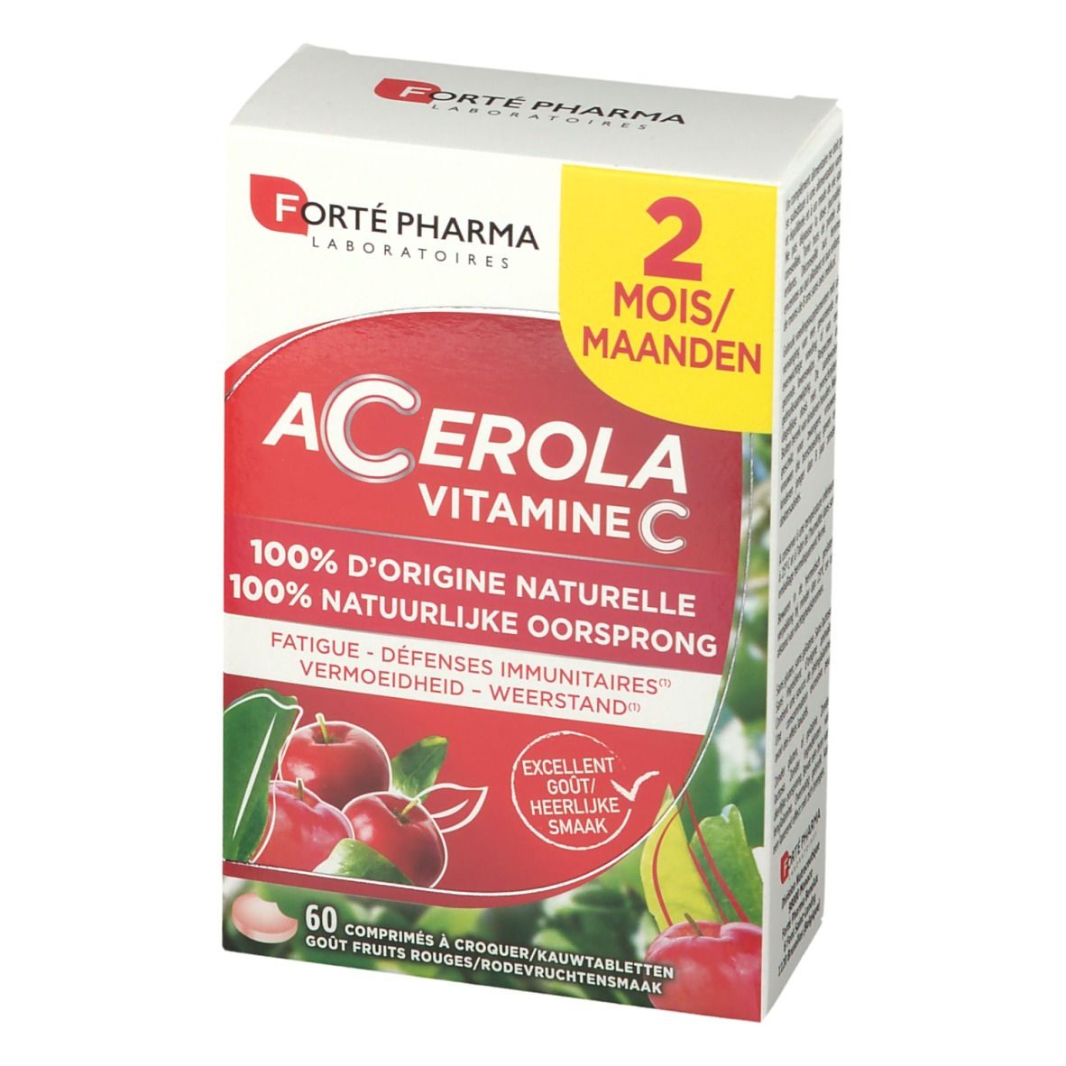 Verpakking Forté Pharma Acérola Vitamine C. Rode en witte doos met productnaam en 60 tabletten.