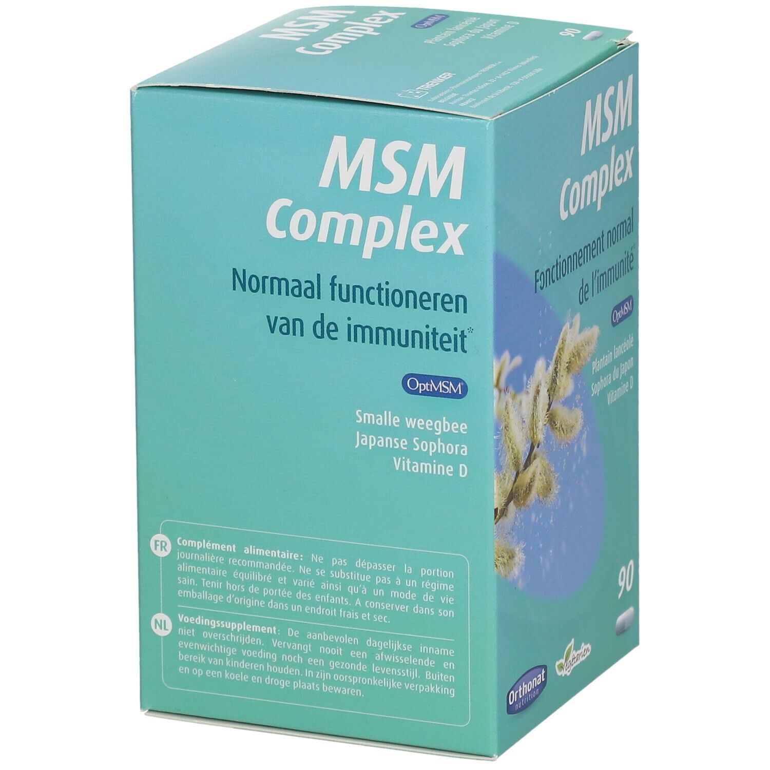 Boîte turquoise avec 'MSM Complex'. Contient 90 gélules. Inscription: 'Normaal functioneren van de immuniteit'.