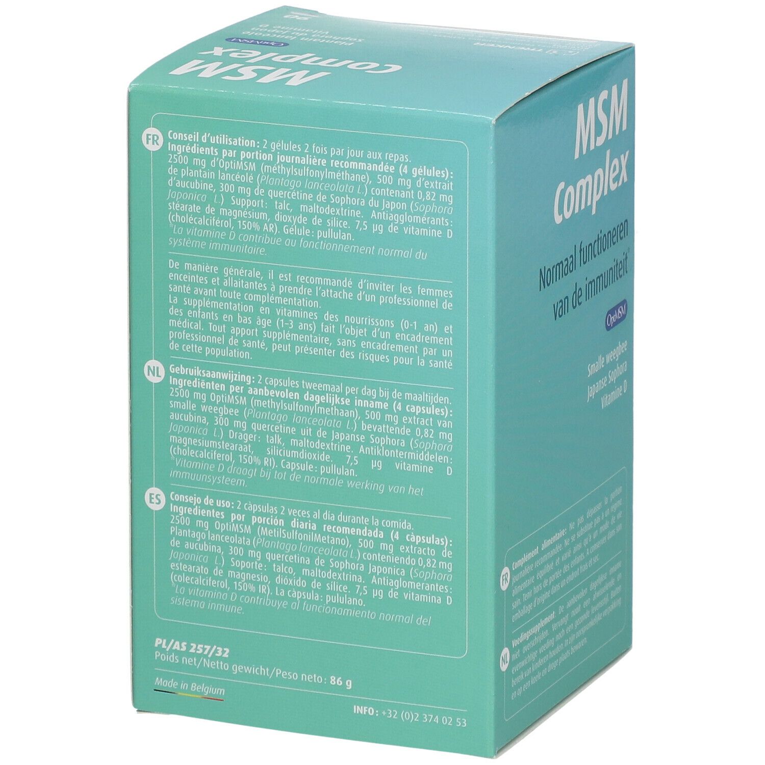 Boîte turquoise avec 'MSM Complex'. Dos avec informations sur les ingrédients et mode d'emploi.