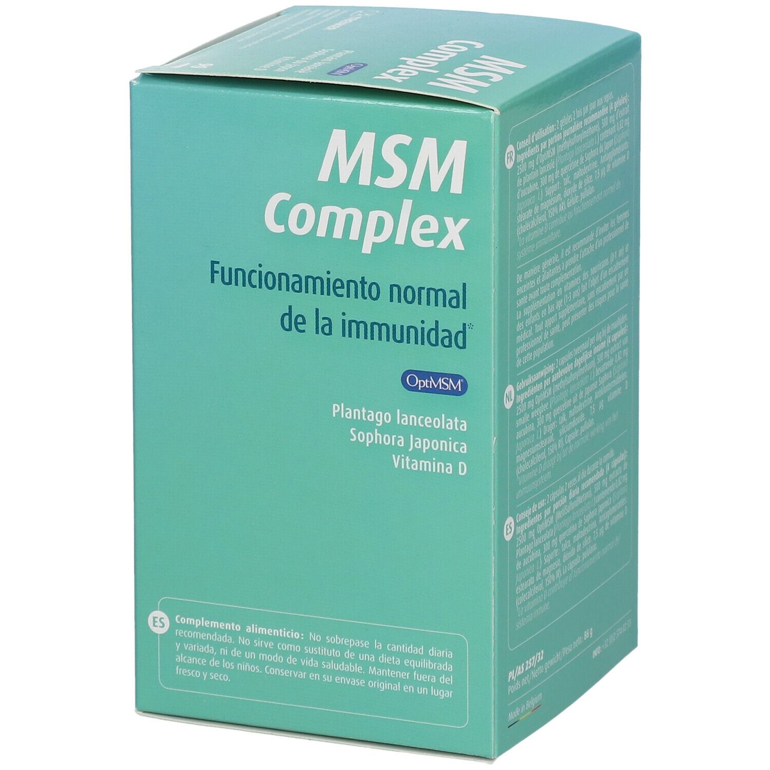 Boîte turquoise avec 'MSM Complex'. Inscription: 'Funcionamiento normal de la inmunidad'.