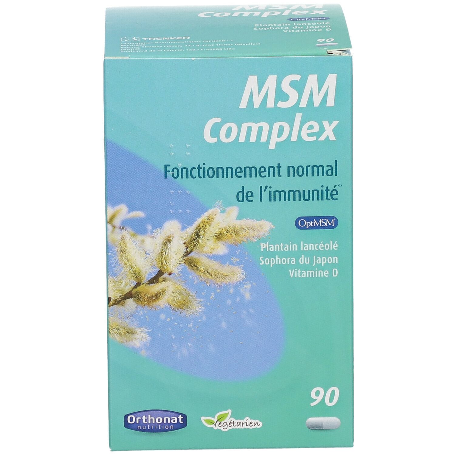 Boîte turquoise avec 'MSM Complex'. Contient 90 gélules. Inscription: 'Fonctionnement normal de l'immunité'.