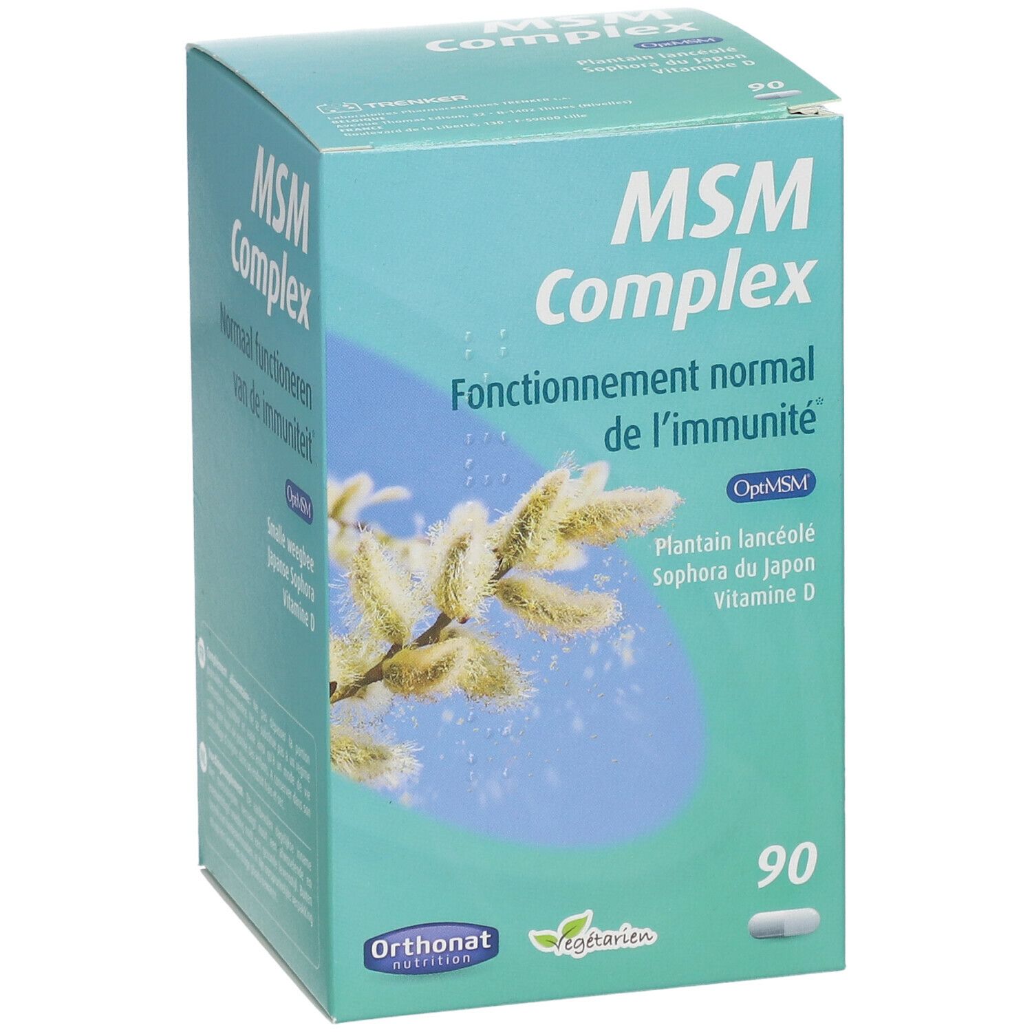 Boîte turquoise avec 'MSM Complex'. Contient 90 gélules. Inscription: 'Fonctionnement normal de l'immunité'.