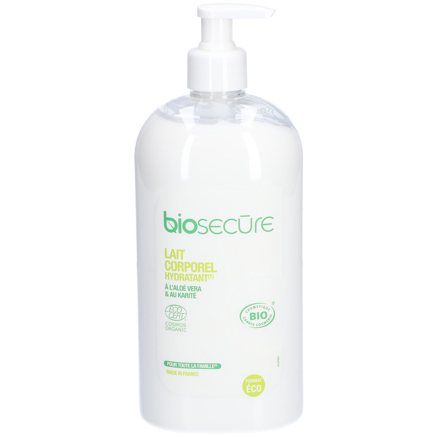 Flacon blanc avec pompe. Inscription: Lait Corporel Hydratant, Bio Secure. Avec Aloe Vera et Karité. Certification Bio.