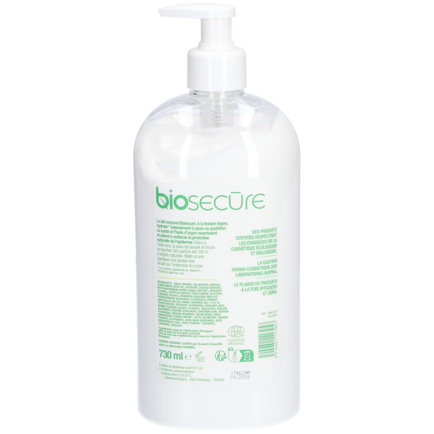 Flacon blanc avec pompe. Inscription Bio Secure. Texte en français. Volume: 730 ml. Certification Bio.