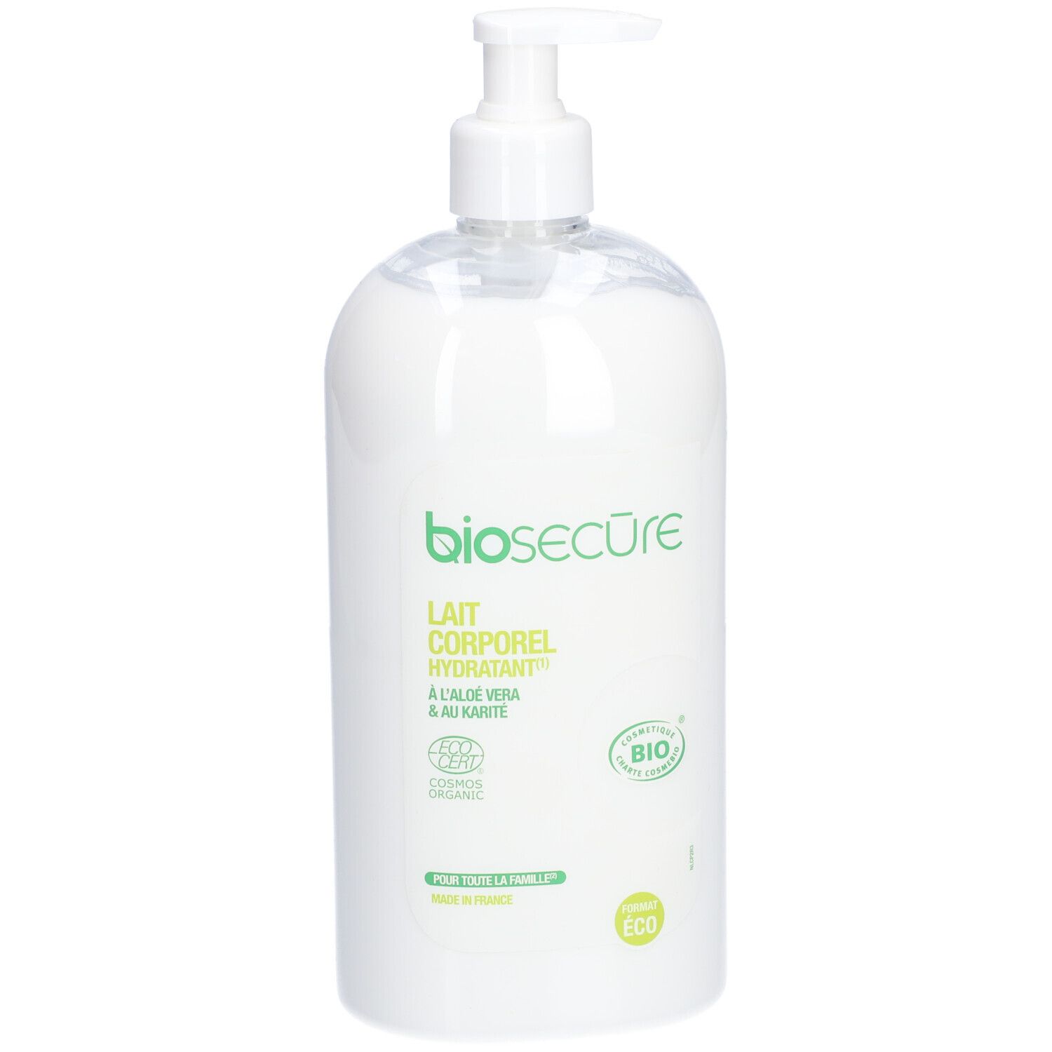 Flacon blanc avec pompe. Inscription: Lait Corporel Hydratant, Bio Secure. Avec Aloe Vera et Karité. Certification Bio.