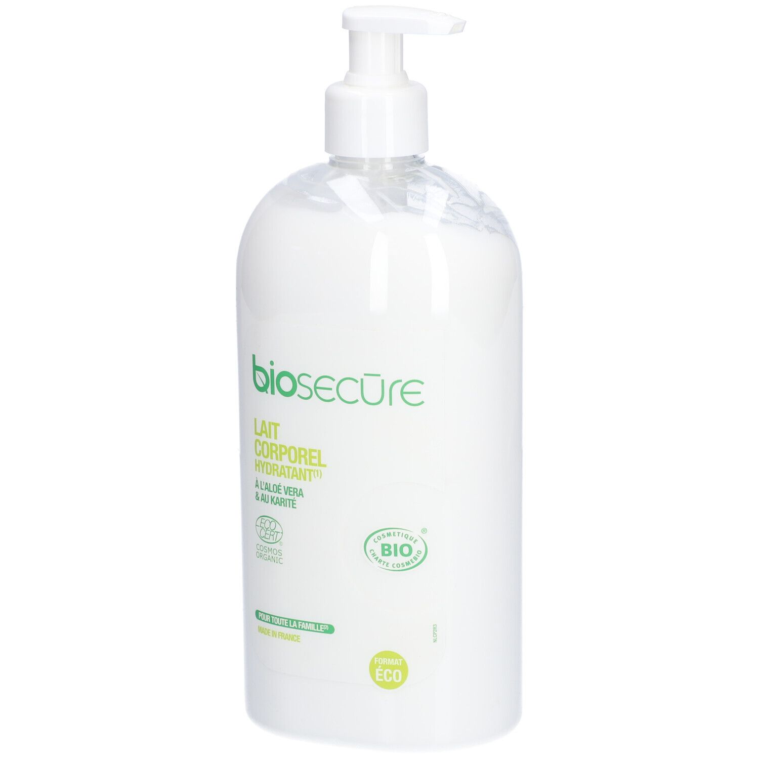Flacon blanc avec pompe. Inscription: Lait Corporel Hydratant, Bio Secure. Avec Aloe Vera et Karité. Certification Bio.