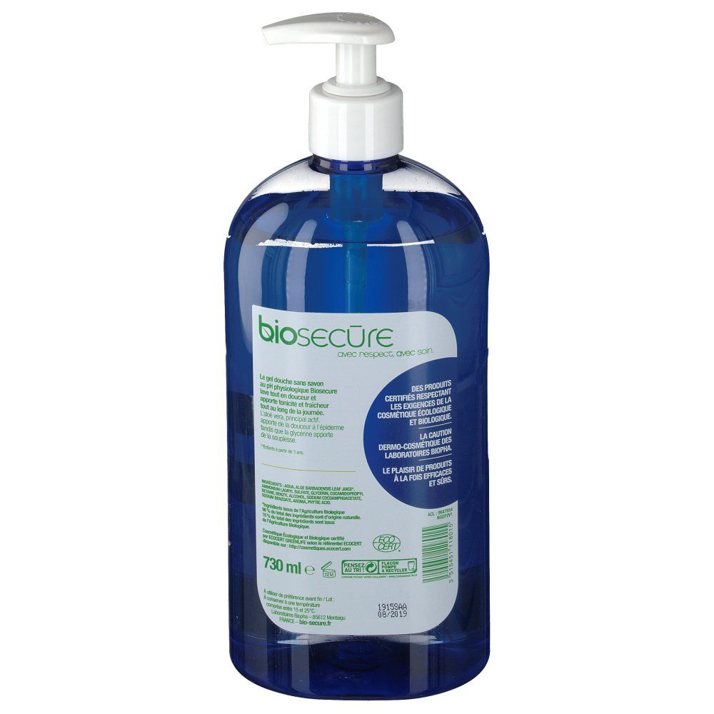 Dos d'un flacon bleu avec pompe blanche. Texte et certifications.