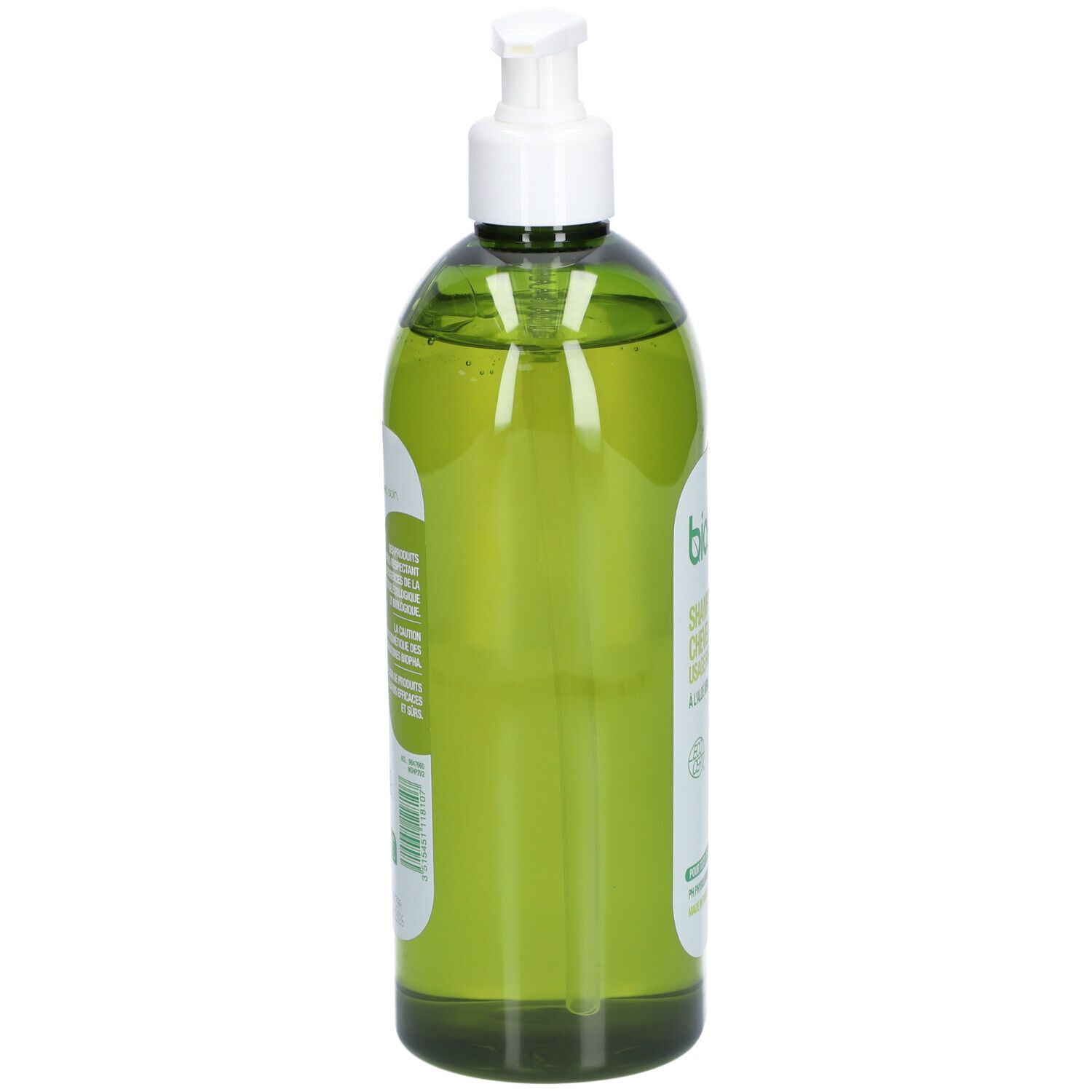 Grüne Flasche mit weißem Pumpkopf. Rückseite mit Text und Etikett. Produktbezeichnung nicht sichtbar.