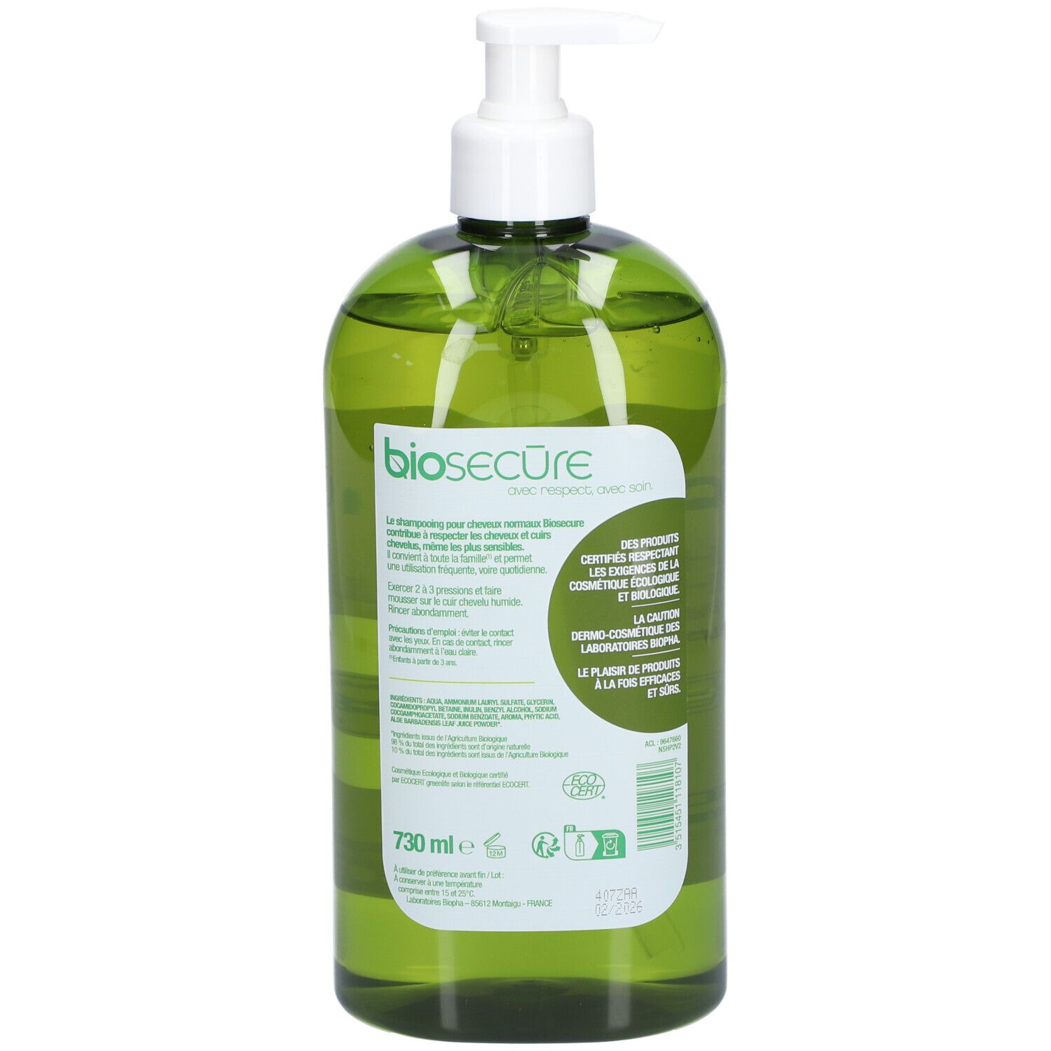 Grüne Flasche mit weißem Pumpkopf. Rückseite mit Text und Etikett. Volumen: 730 ml. Bio-Zertifizierung.