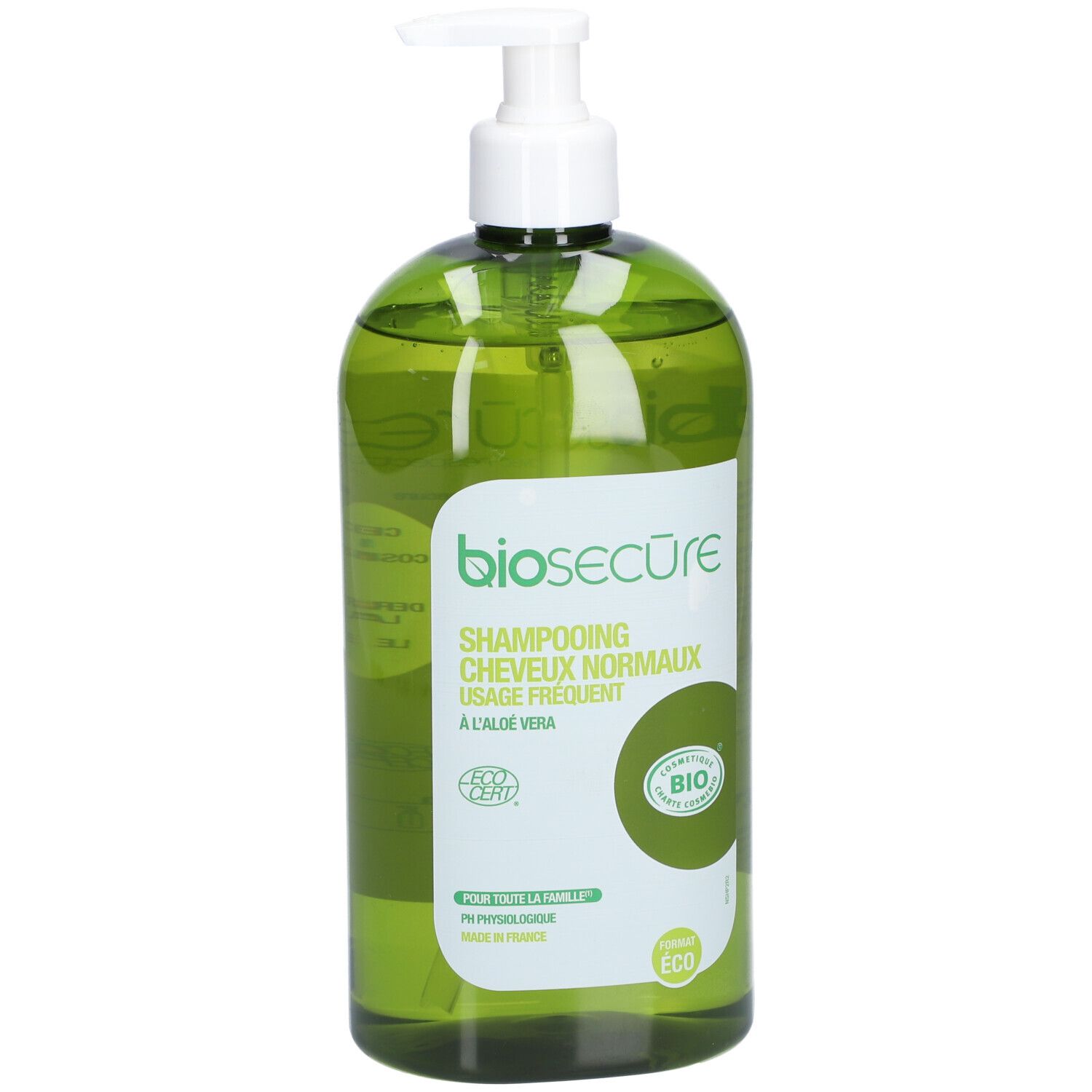 Grüne Flasche mit weißem Pumpkopf. Aufschrift: biosecure, Shampooing Cheveux Normaux, à l'aloe vera. Bio-Zertifizierung.
