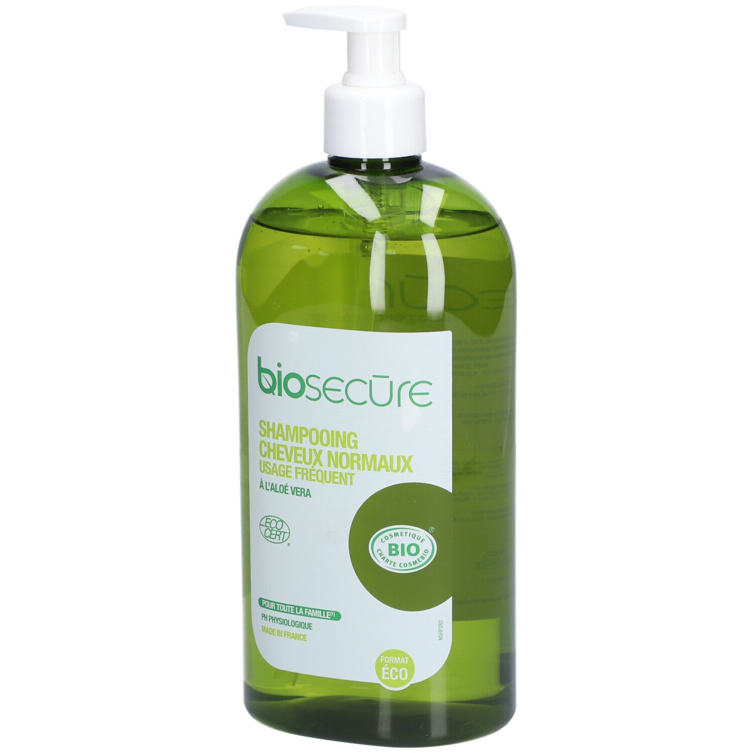 Grüne Flasche mit weißem Pumpkopf. Aufschrift: biosecure, Shampooing Cheveux Normaux, à l'aloe vera. Bio-Zertifizierung.