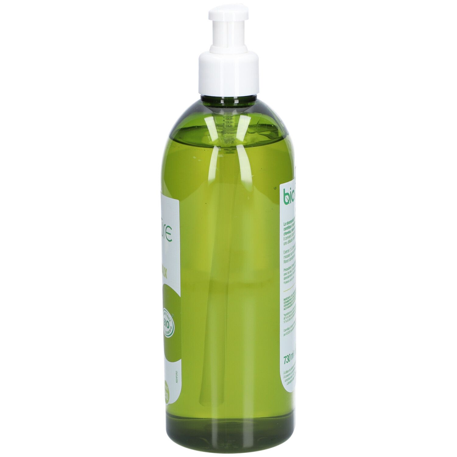 Grüne Flasche mit weißem Pumpkopf. Rückseite mit Text und Etikett. Volumen: 730 ml.