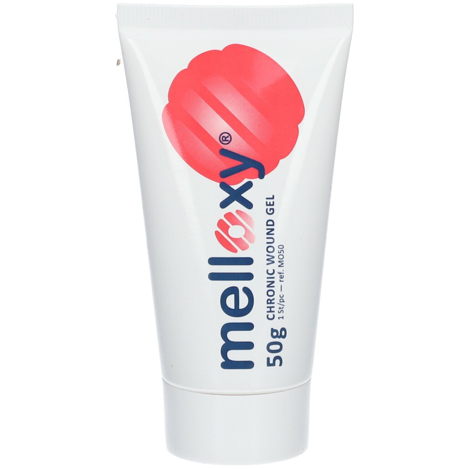 Tube blanche avec design rouge et texte. Contient 50g de gel pour plaies chroniques. Marque Melloxy®.