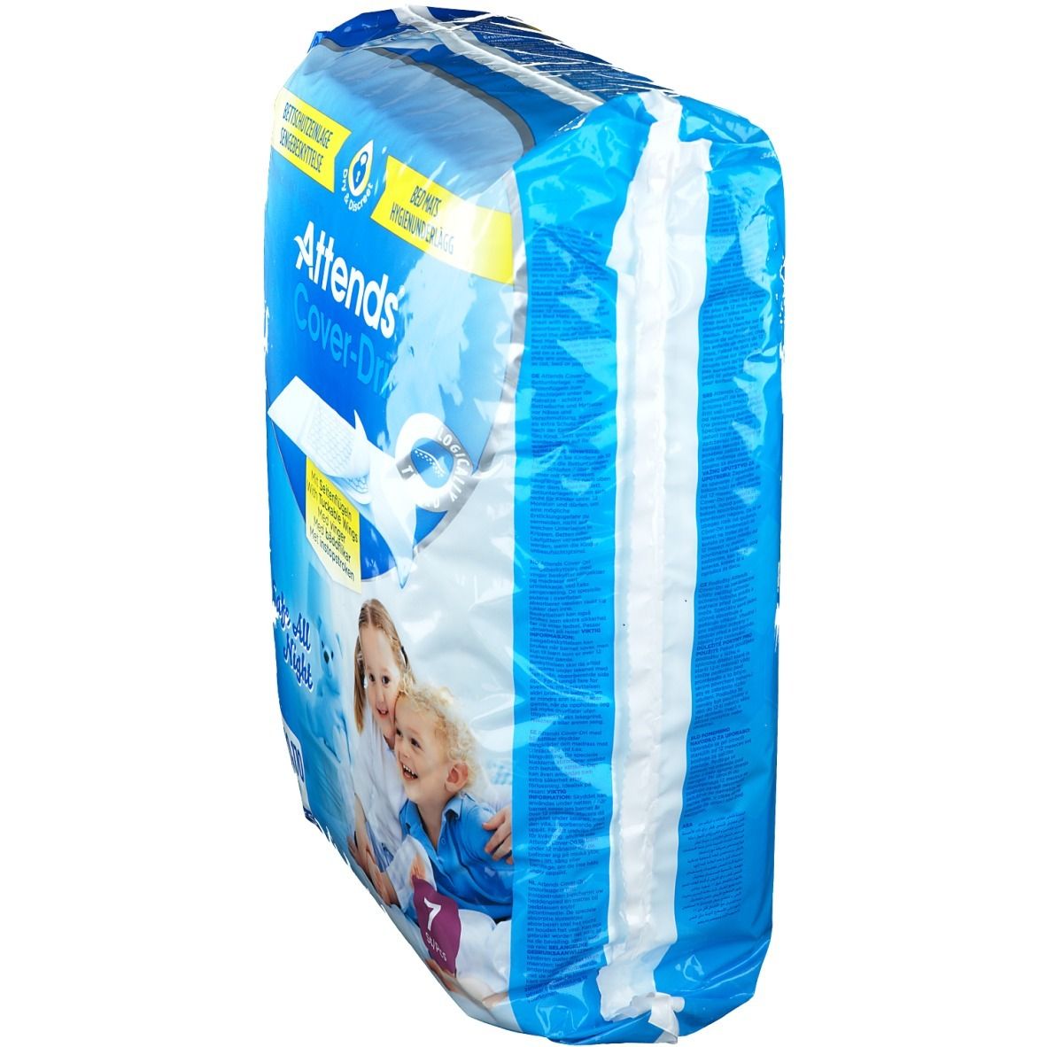 Verpakking Attends Cover-Dri Plus. Blauwe folie, zijaanzicht. Tekst en productafbeelding. Bevat 7 stuks. Afmetingen: 80x170cm.