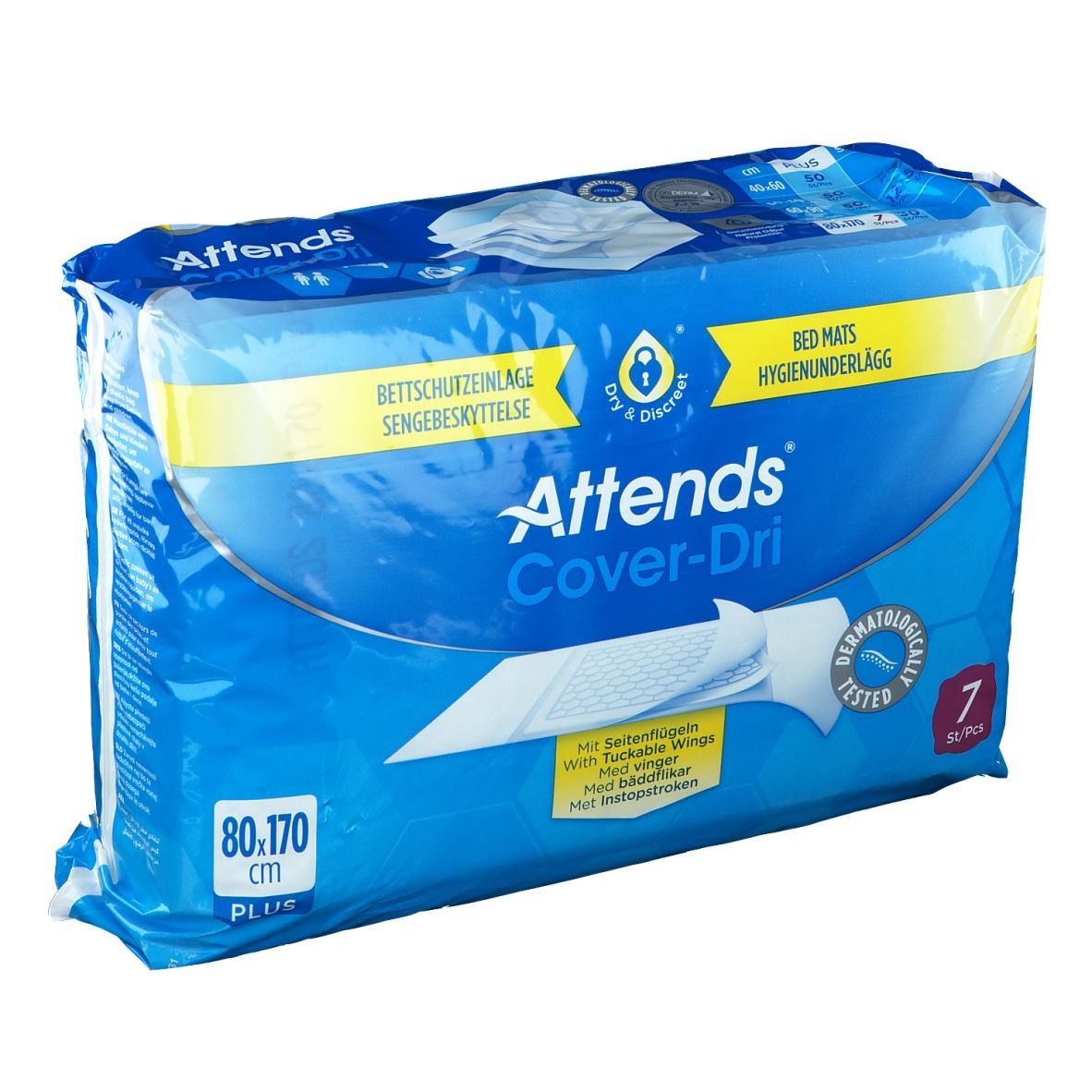 Verpakking Attends Cover-Dri Plus. Blauwe folie met productafbeelding en tekst. Afmetingen: 80x170cm. Bevat 7 stuks. Dermatologisch getest.