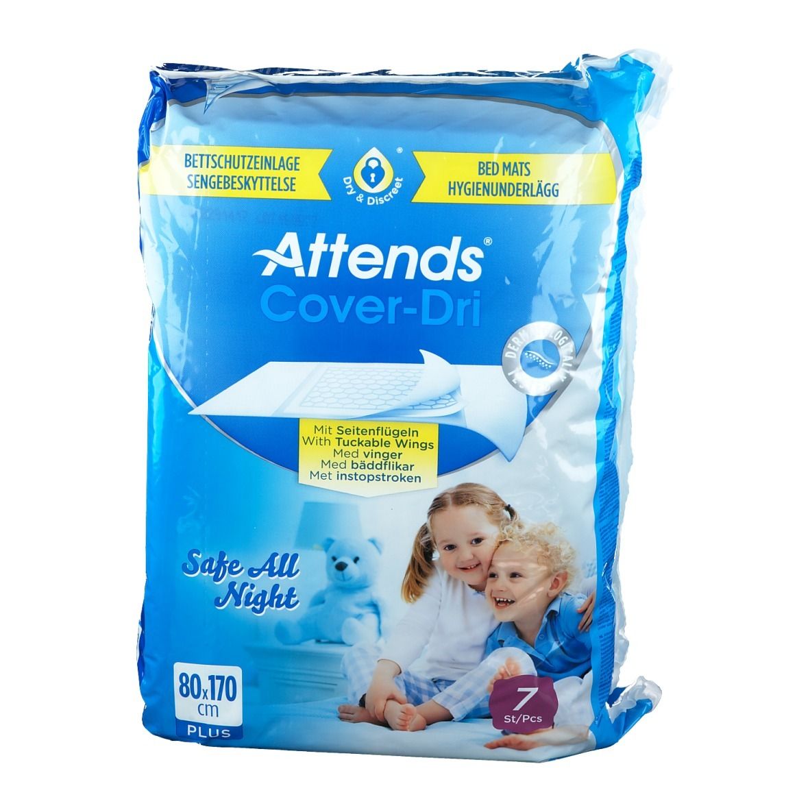 Verpakking Attends Cover-Dri Plus. Blauwe folie met productafbeelding en tekst. Afmetingen: 80x170cm. Bevat 7 stuks. Met vleugels.