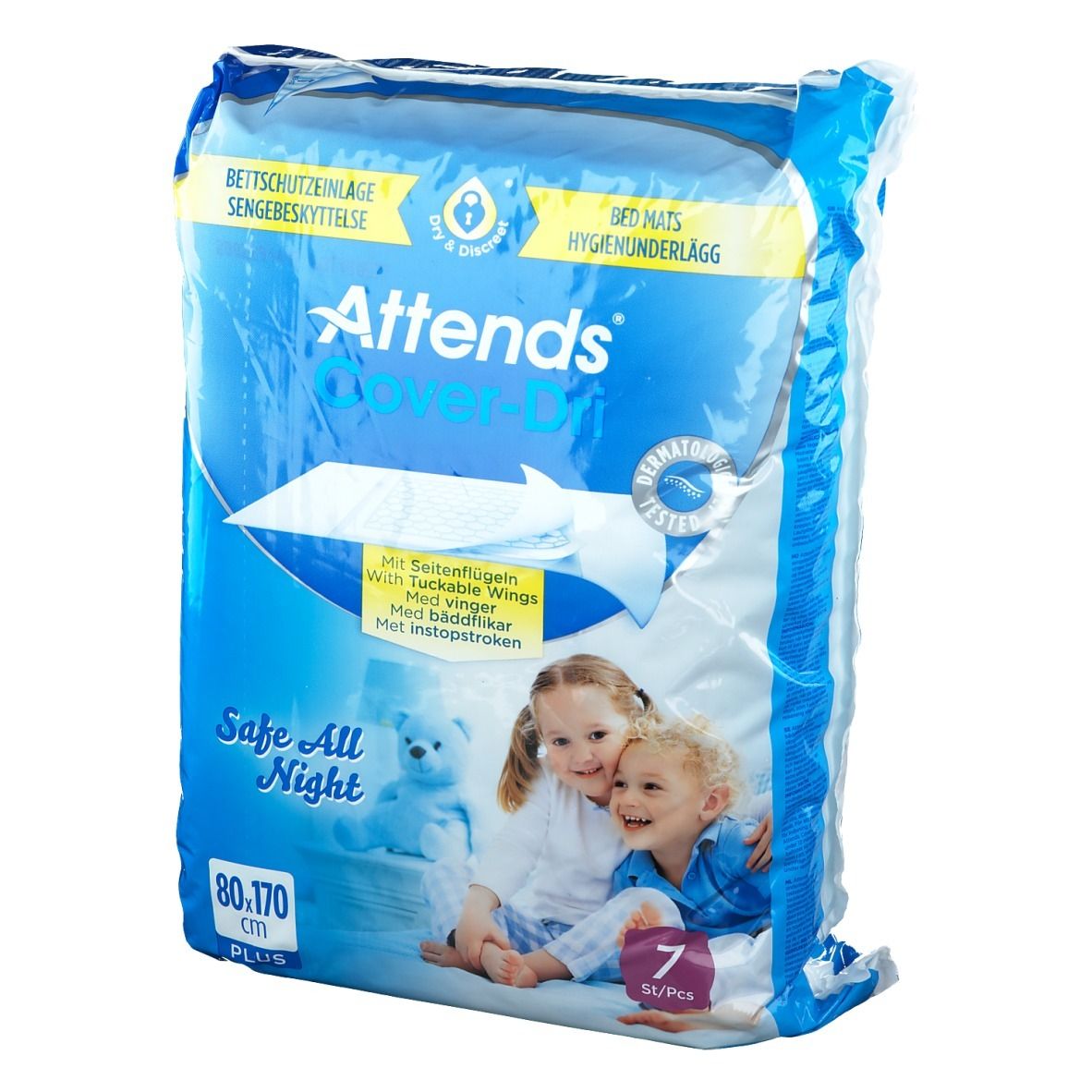 Verpakking Attends Cover-Dri Plus. Blauwe folie met productafbeelding en tekst. Afmetingen: 80x170cm. Bevat 7 stuks. Dermatologisch getest.