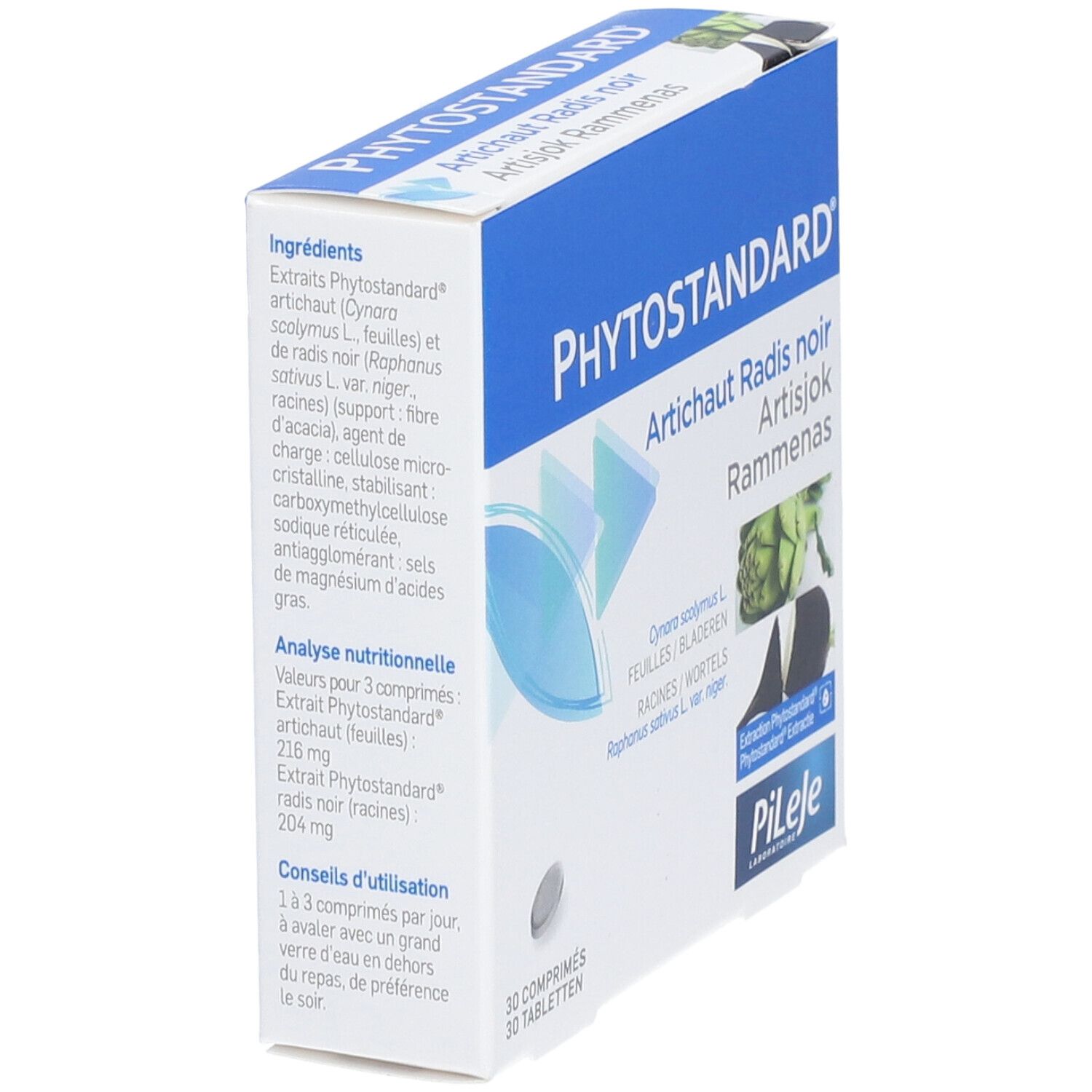 Vue oblique de l'emballage du produit. Contient le nom et le logo du produit. Artichaut, radis noir. 30 comprimés.
