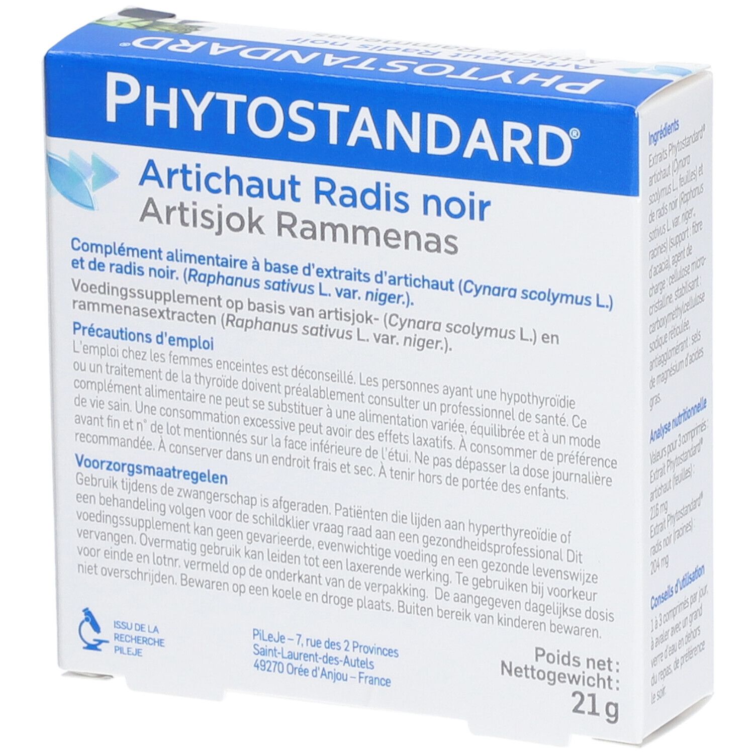 Dos de l'emballage du produit. Contient le nom et le logo du produit. Artichaut, radis noir. Poids net: 21g.