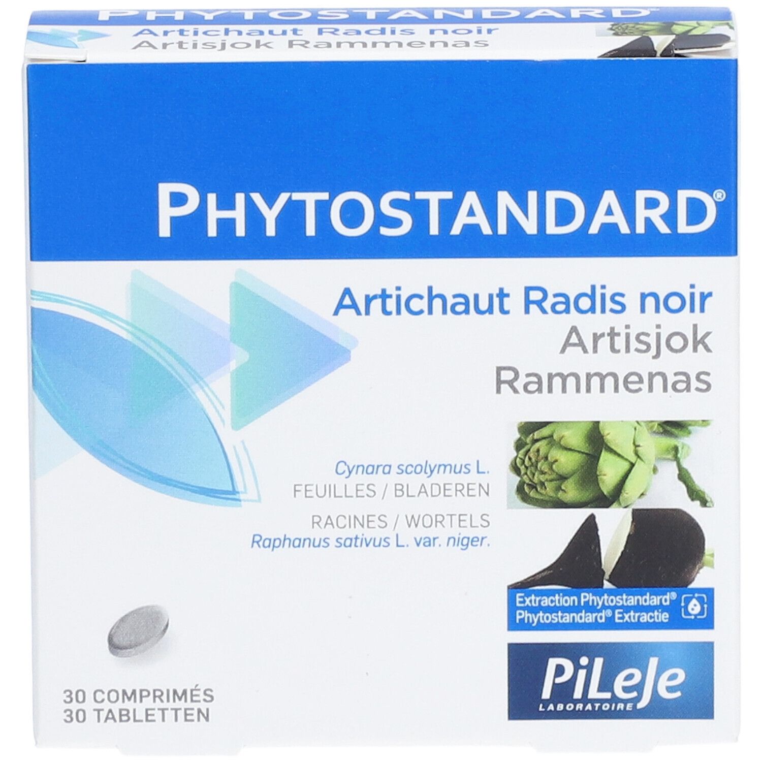 Emballage du produit avec logo et nom. Artichaut, radis noir. 30 comprimés. Comprimé visible.