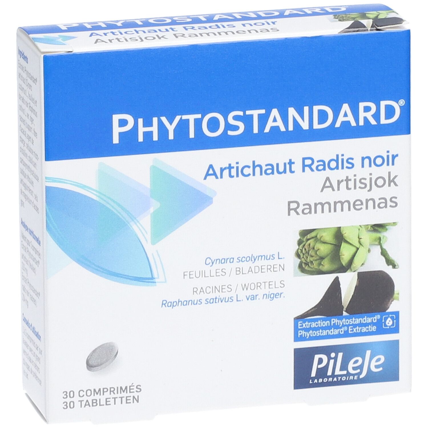 Emballage du produit avec logo et nom. Artichaut, radis noir. 30 comprimés. Comprimé visible.