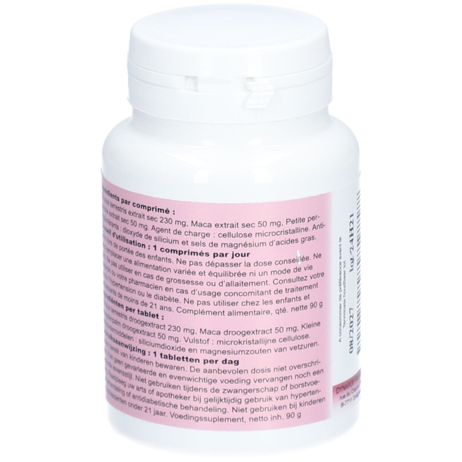 Dos du flacon de comprimés blanc. Texte avec ingrédients et dosage. Contient: Maca, Tribulus terrestris, excipients.