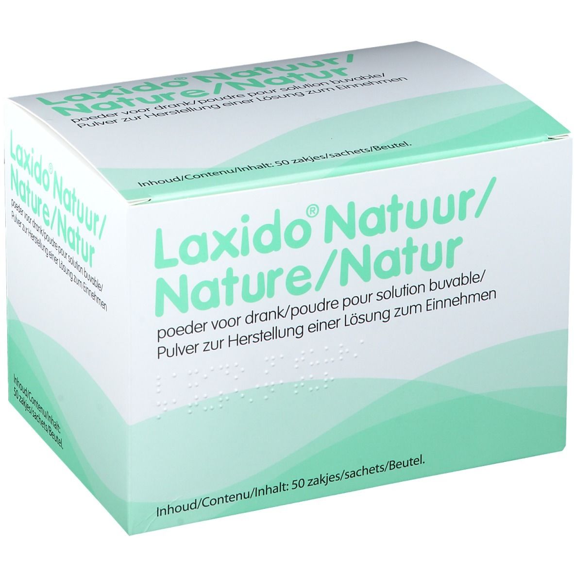 Doos Laxido Natuur/Nature/Natur, 50 zakjes. Groen-witte verpakking. Meertalige tekst.