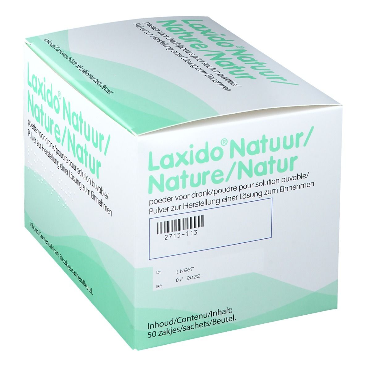 Doos Laxido Natuur/Nature/Natur, 50 zakjes. Label met productcode en vervaldatum. Groen en wit.