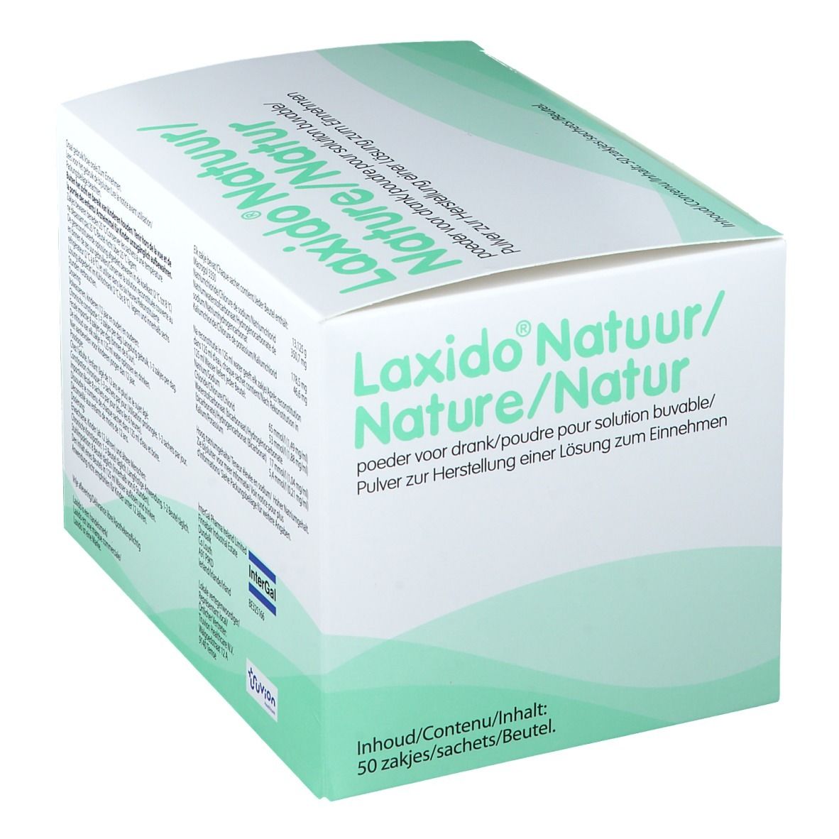 Doos Laxido Natuur/Nature/Natur, 50 zakjes. Groen-witte verpakking. Productnaam en meertalige tekst.