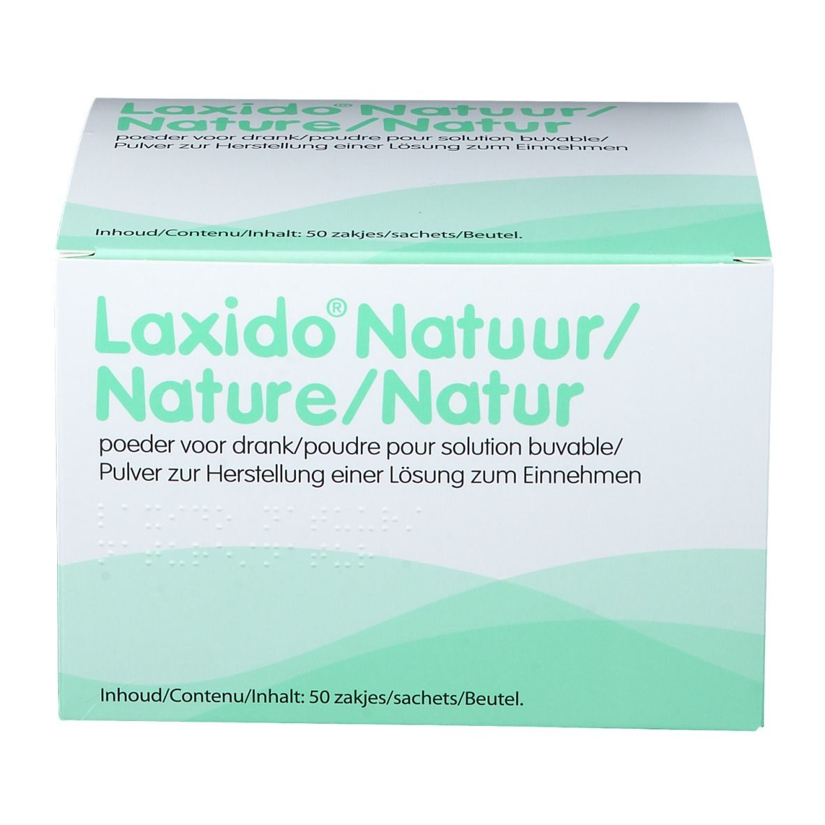 Doos Laxido Natuur/Nature/Natur, 50 zakjes. Groen-witte verpakking. Productnaam en meertalige tekst.