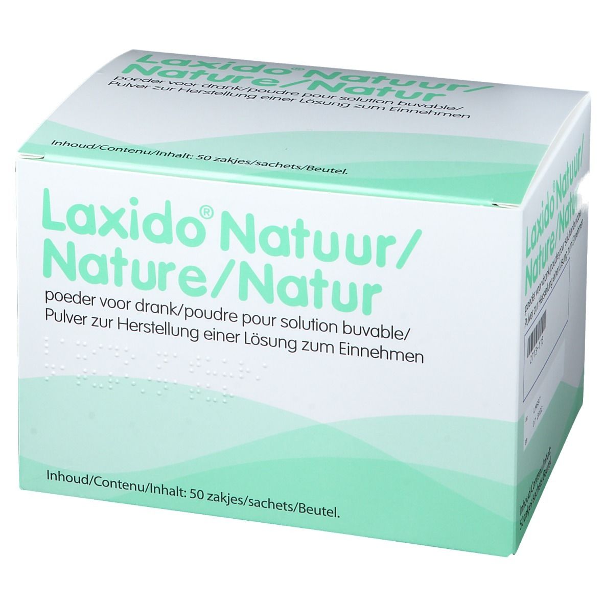 Doos Laxido Natuur/Nature/Natur, 50 zakjes. Groen-witte verpakking. Productnaam en meertalige tekst.