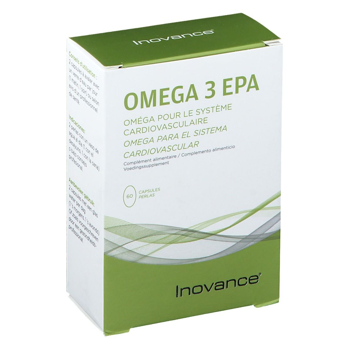 Boîte Inovance® OMEGA 3 EPA. Blanche et verte. Texte: OMEGA 3 EPA, Omega pour le système cardiovasculaire, 60 capsules.