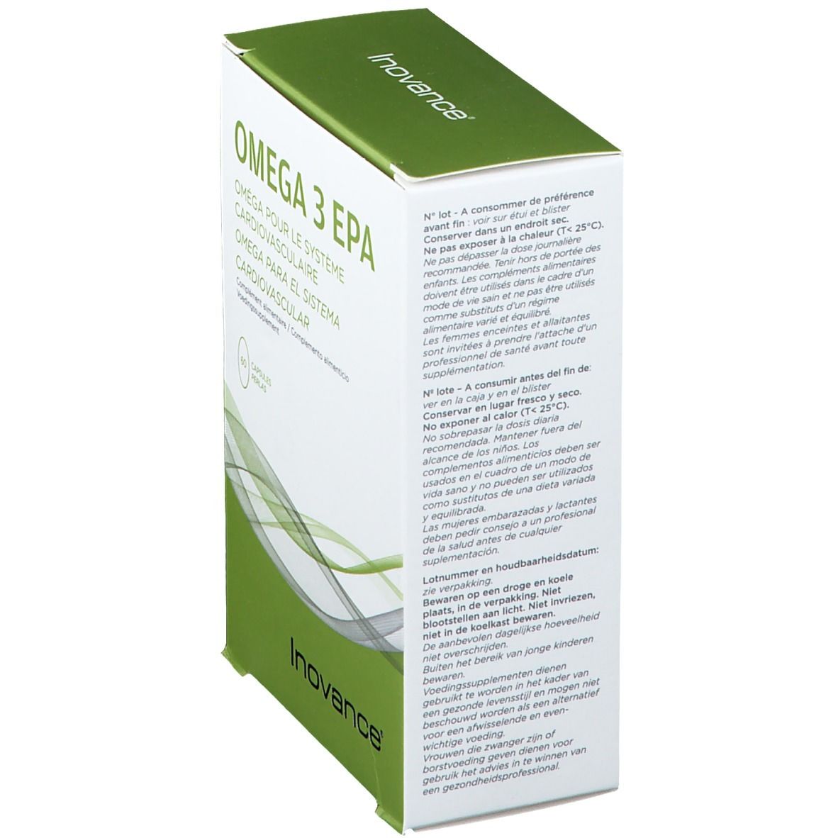 Vue latérale de la boîte Inovance® OMEGA 3 EPA. Blanche avec couvercle vert. Texte et informations multilingues.