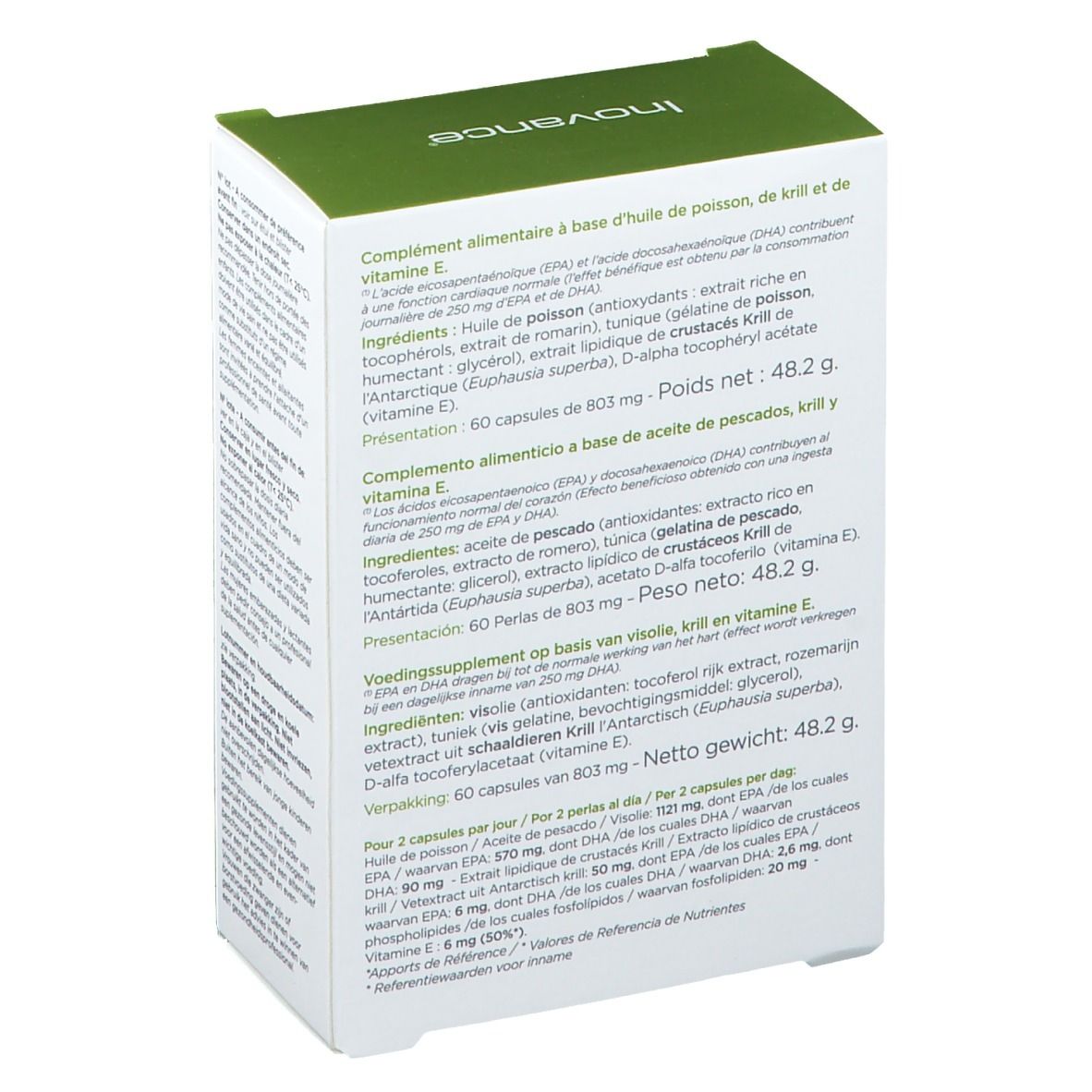 Dos de la boîte Inovance® OMEGA 3 EPA. Blanc avec couvercle vert. Texte: ingrédients, informations nutritionnelles, poids 48,2 g.