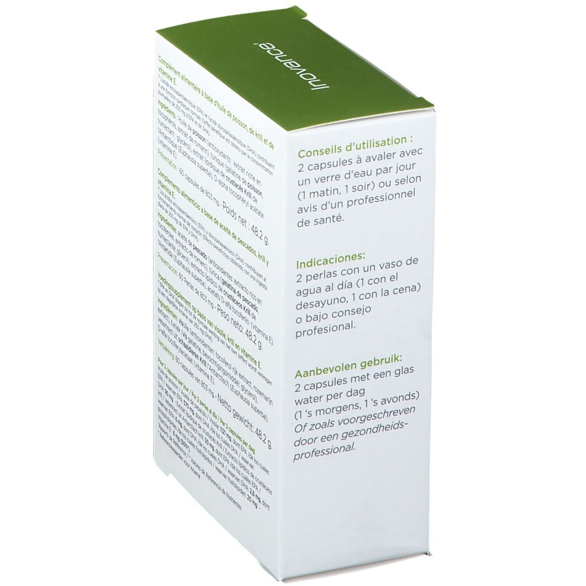 Côté de la boîte Inovance® OMEGA 3 EPA. Blanc avec couvercle vert. Texte: conseils d'utilisation, dosage, ingrédients.