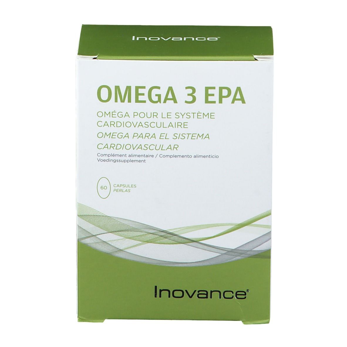 Boîte Inovance® OMEGA 3 EPA. Blanche et verte. Texte: OMEGA 3 EPA, Omega pour le système cardiovasculaire, 60 capsules.