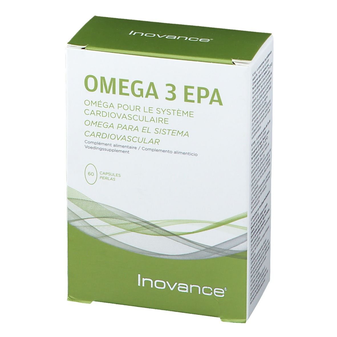 Boîte Inovance® OMEGA 3 EPA. Blanche et verte. Texte: OMEGA 3 EPA, Omega pour le système cardiovasculaire, 60 capsules.