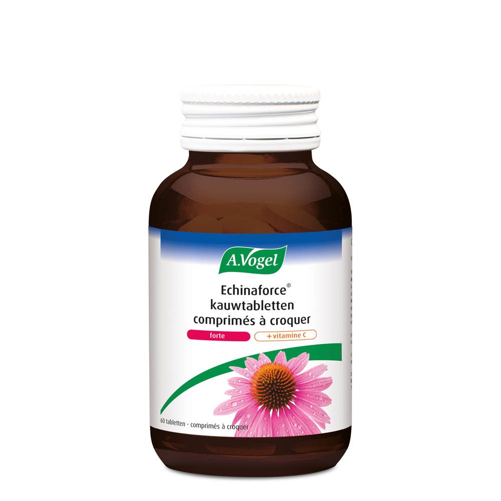 Flacon brun A.Vogel Echinaforce + Vitamine C. Bouchon blanc, étiquette avec informations et fleur.
