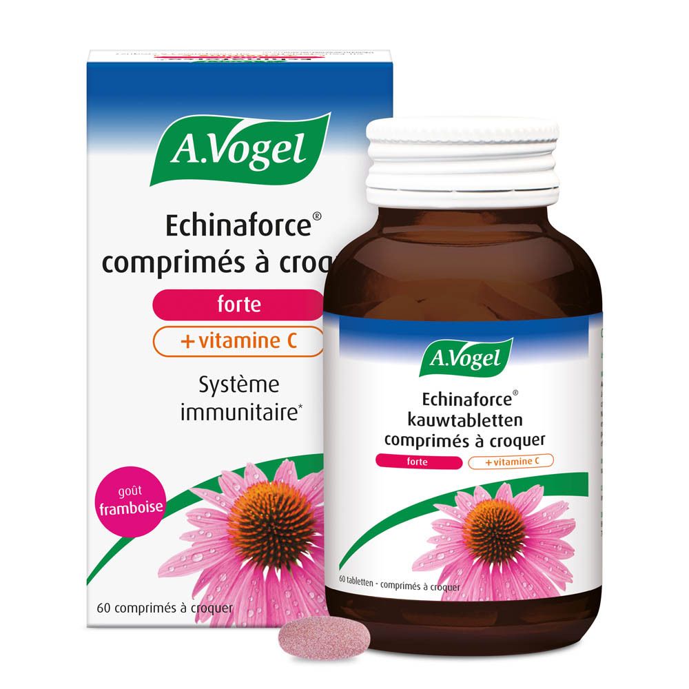Flacon et boîte A.Vogel Echinaforce + Vitamine C. Comprimés, goût framboise, Système immunitaire.