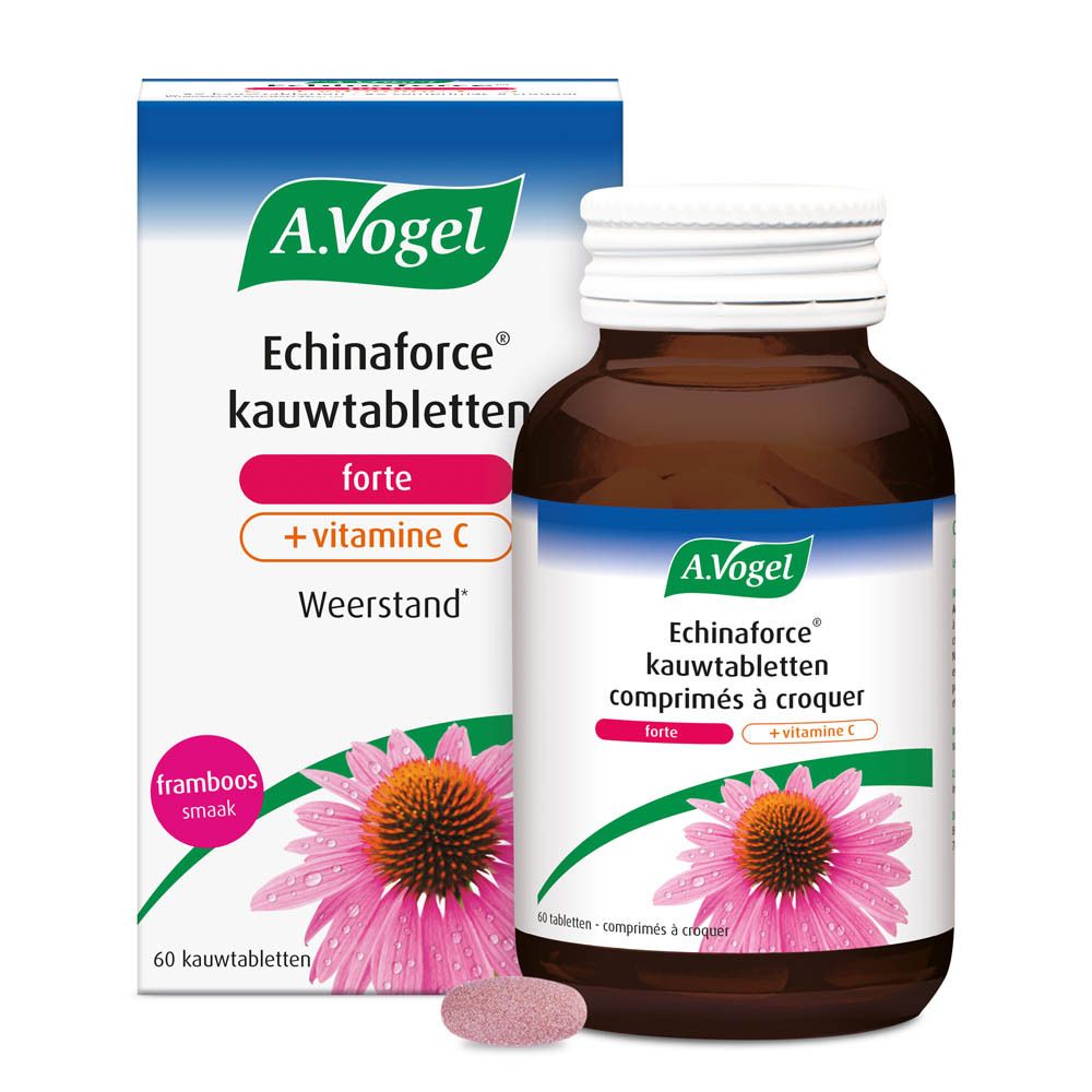 Fles en doos A.Vogel Echinaforce + Vitamine C. Tabletten, frambozensmaak, Weerstand.