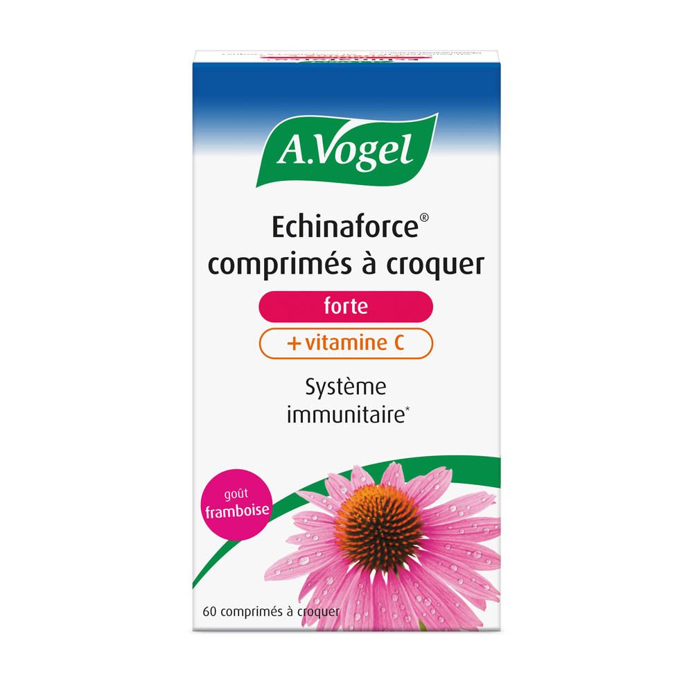 Boîte A.Vogel Echinaforce + Vitamine C. Goût framboise, Système immunitaire, 60 comprimés.
