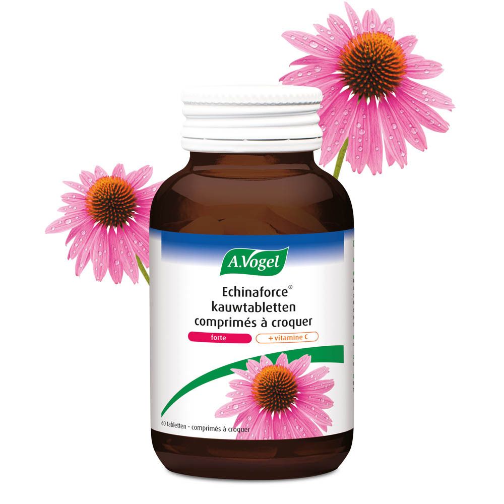 Flacon brun A.Vogel Echinaforce + Vitamine C avec fleurs. Bouchon blanc, étiquette avec informations.