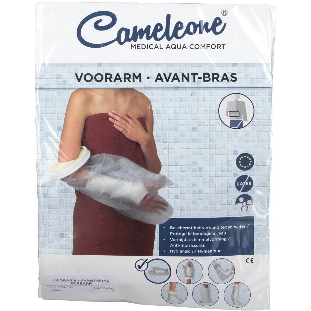 Transparante Cameleone Aquaprotection voor de onderarm. Verpakking met afbeelding en tekst. Latex-aanduiding.