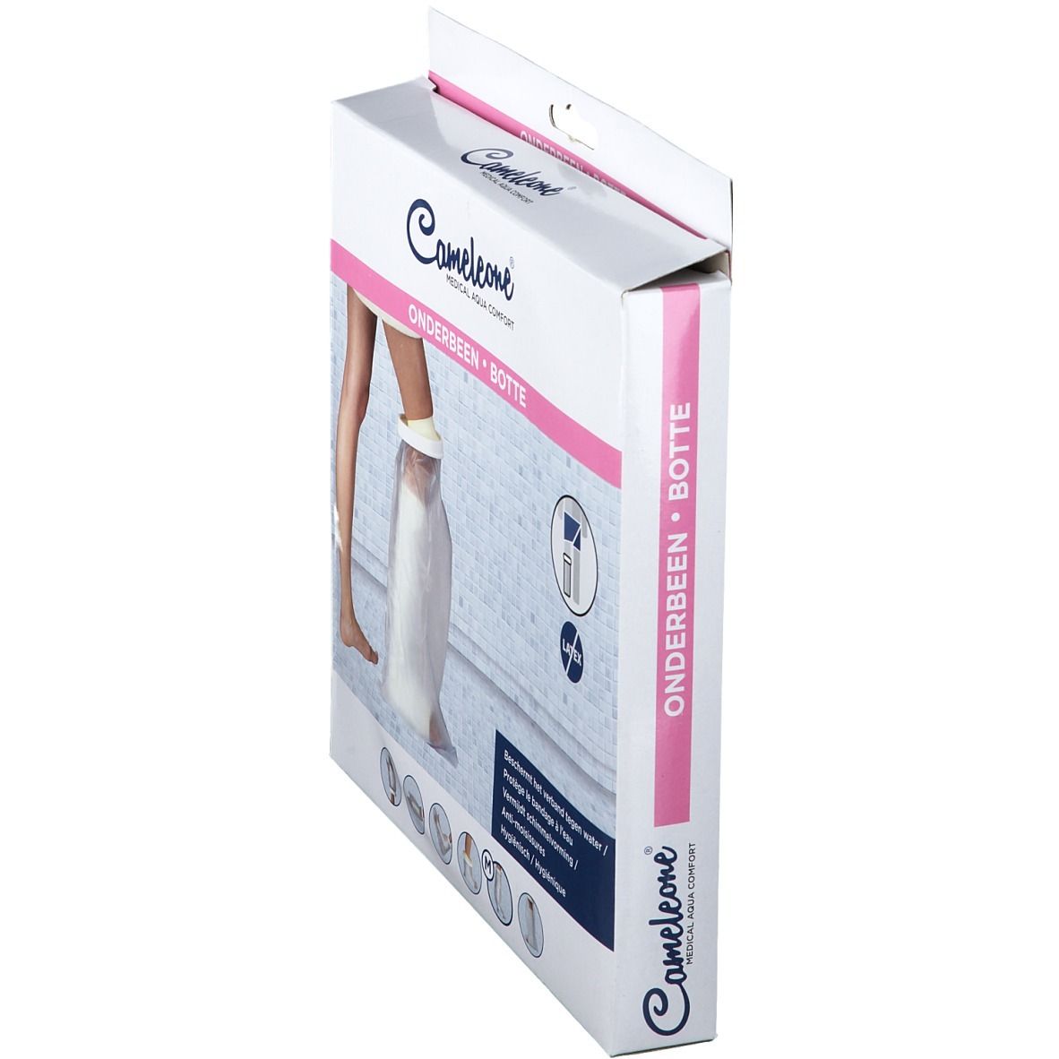 Zijaanzicht van de verpakking. Opschrift: Cameleone, bescherming onderbeen. Roze streep. Productafbeelding.