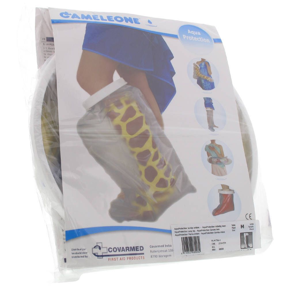 Emballage Cameleone Aqua Protection pour jambe. Protection transparente avec éléments jaunes. Produits de premiers secours.