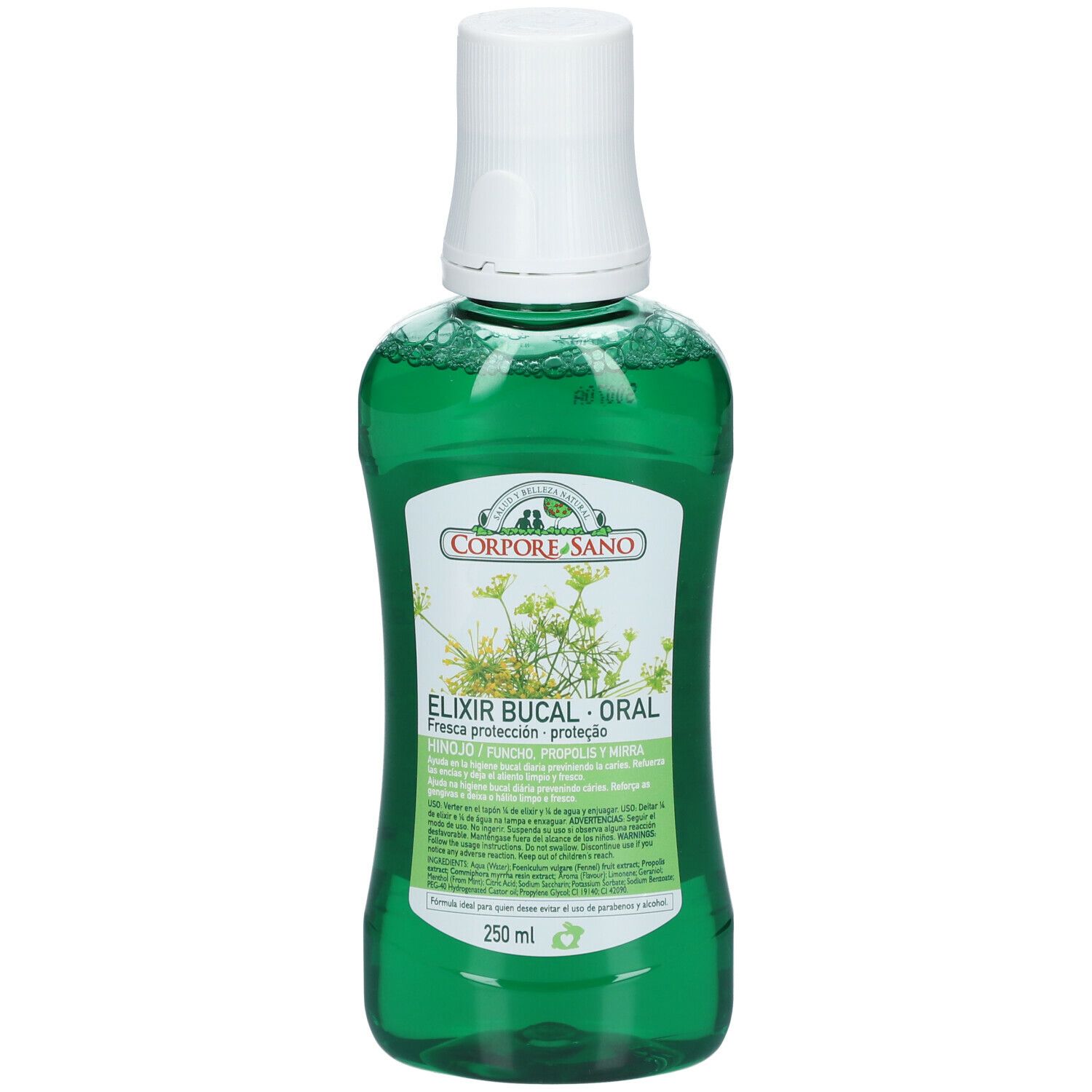 Flacon de bain de bouche vert avec bouchon blanc. Étiquette avec texte et logo Corpore Sano. 250 ml.