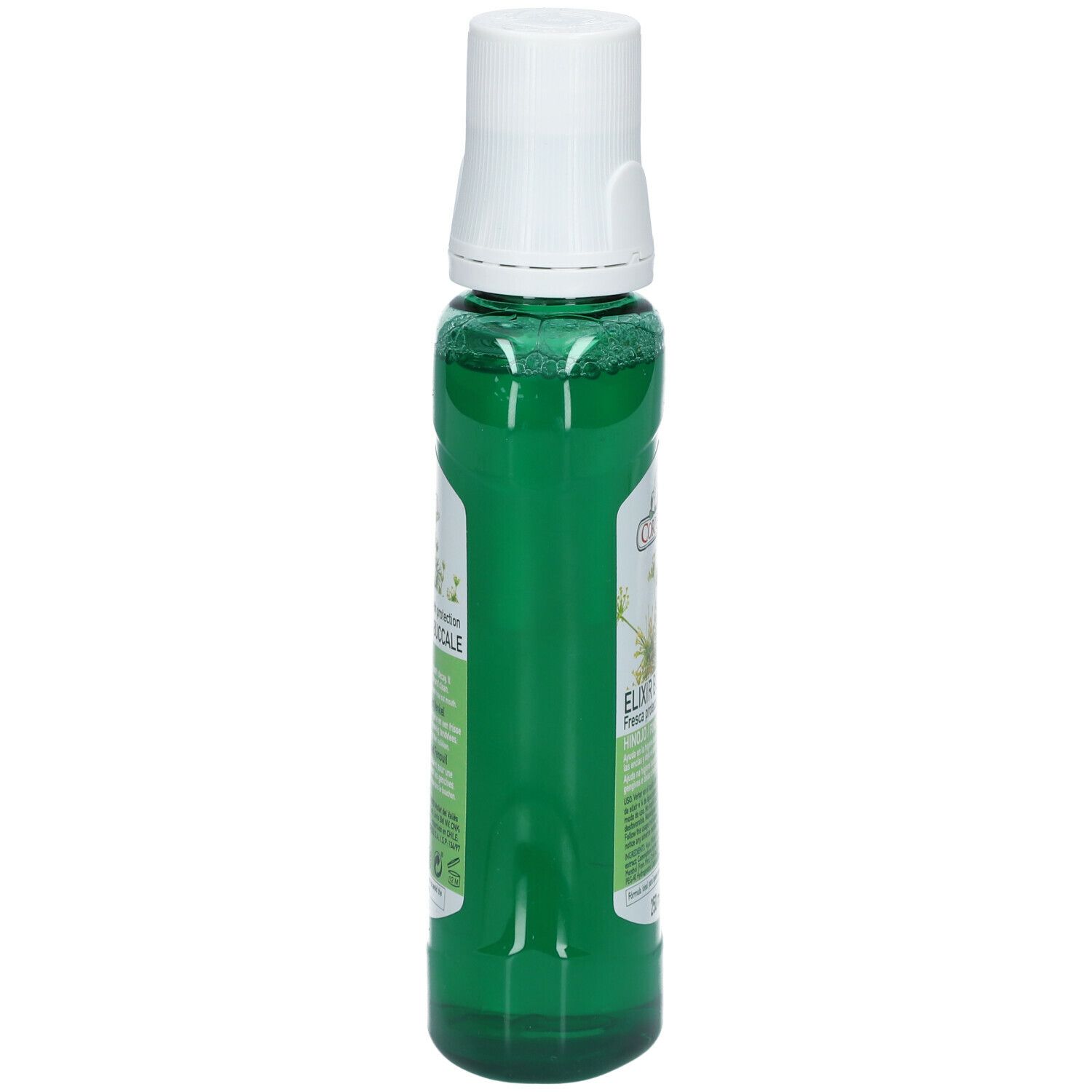 Flacon de bain de bouche vert avec bouchon blanc. Vue latérale. Étiquette avec texte. Corpore Sano.