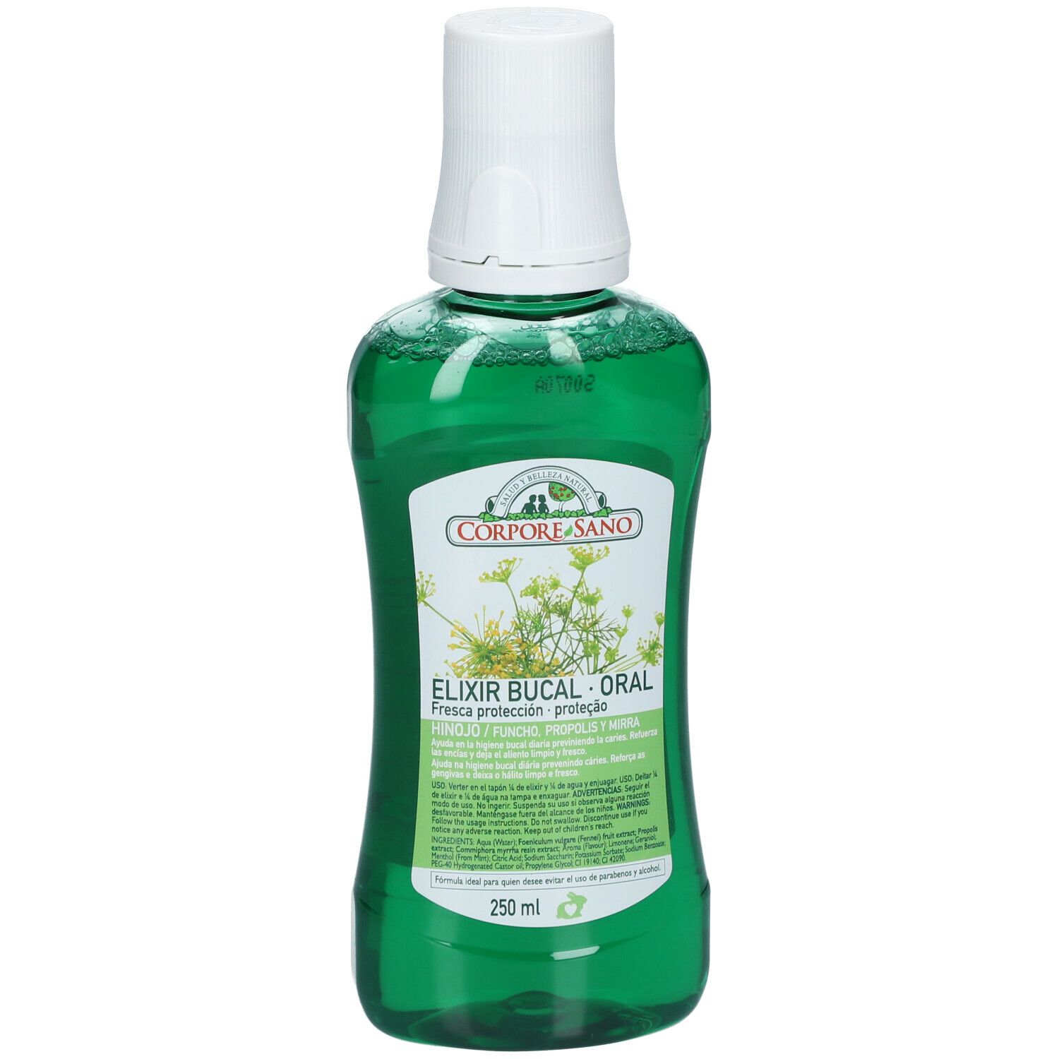 Flacon de bain de bouche vert avec bouchon blanc. Étiquette avec texte et logo Corpore Sano. 250 ml.
