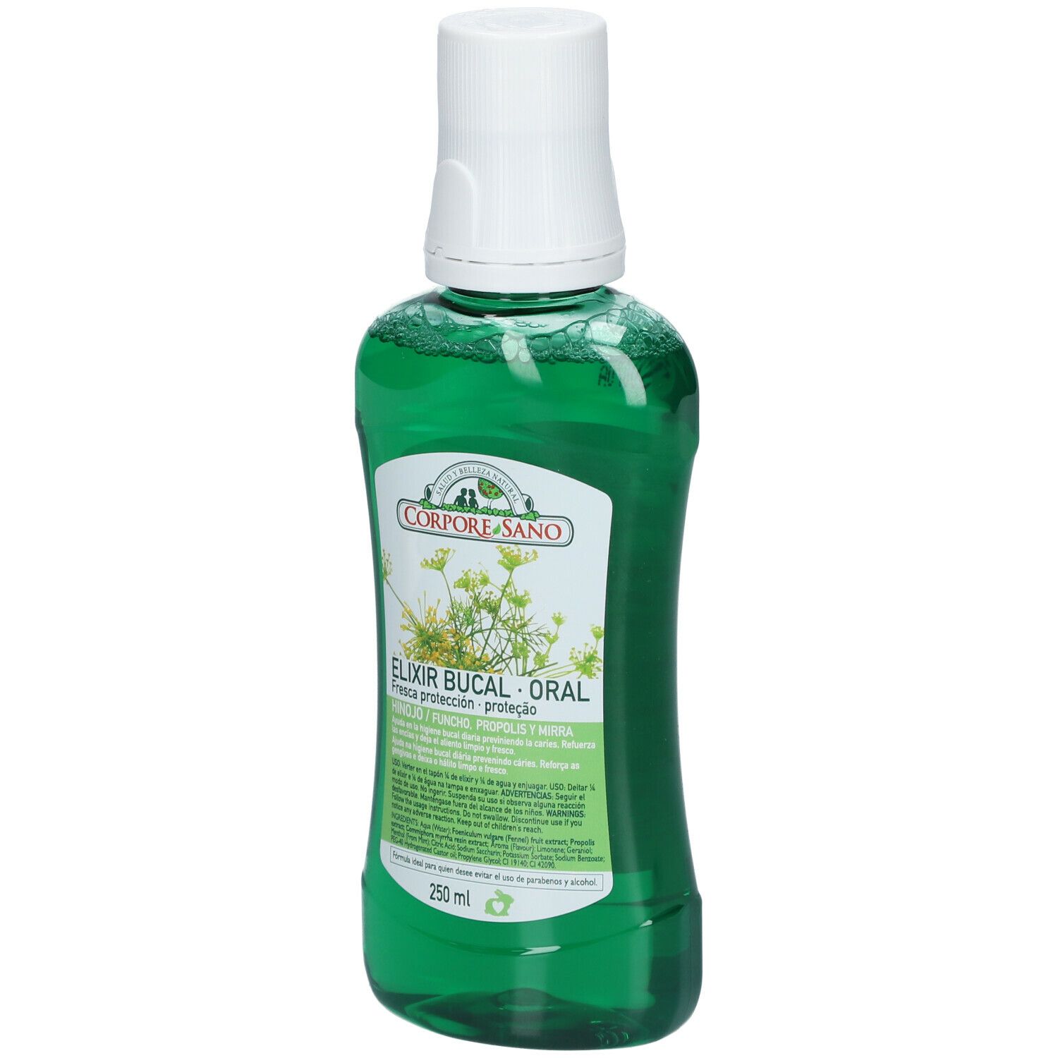 Flacon de bain de bouche vert avec bouchon blanc. Étiquette avec texte et logo Corpore Sano. 250 ml.